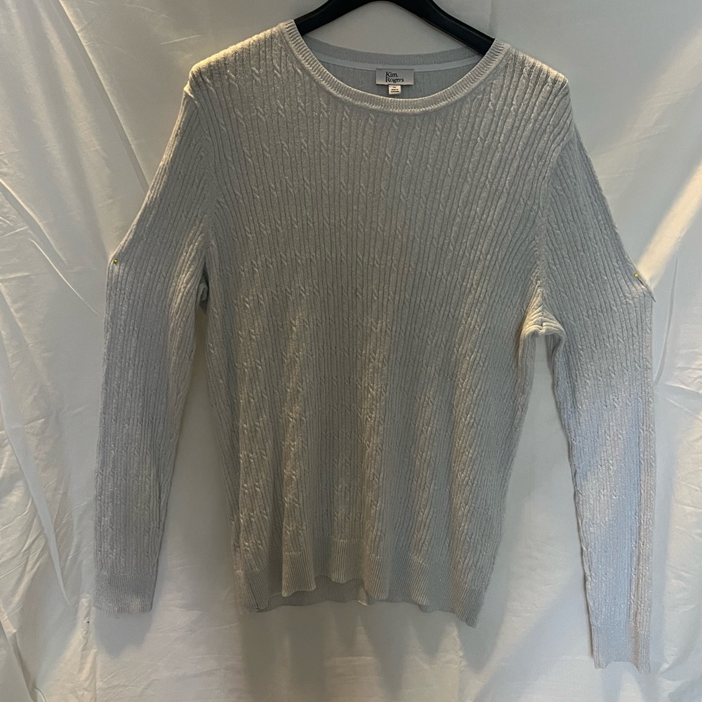 Kim Rogers Heather White Ribbed Crew Neck Sweater